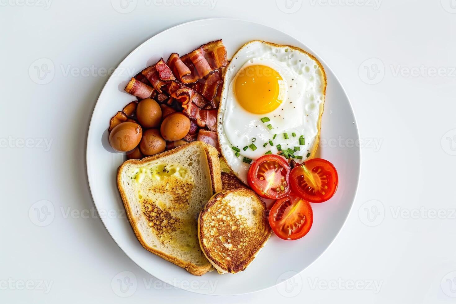 Tasty breakfast with fried egg, bacon, toast, tomatoes and quail eggs on a white plate on white background photo