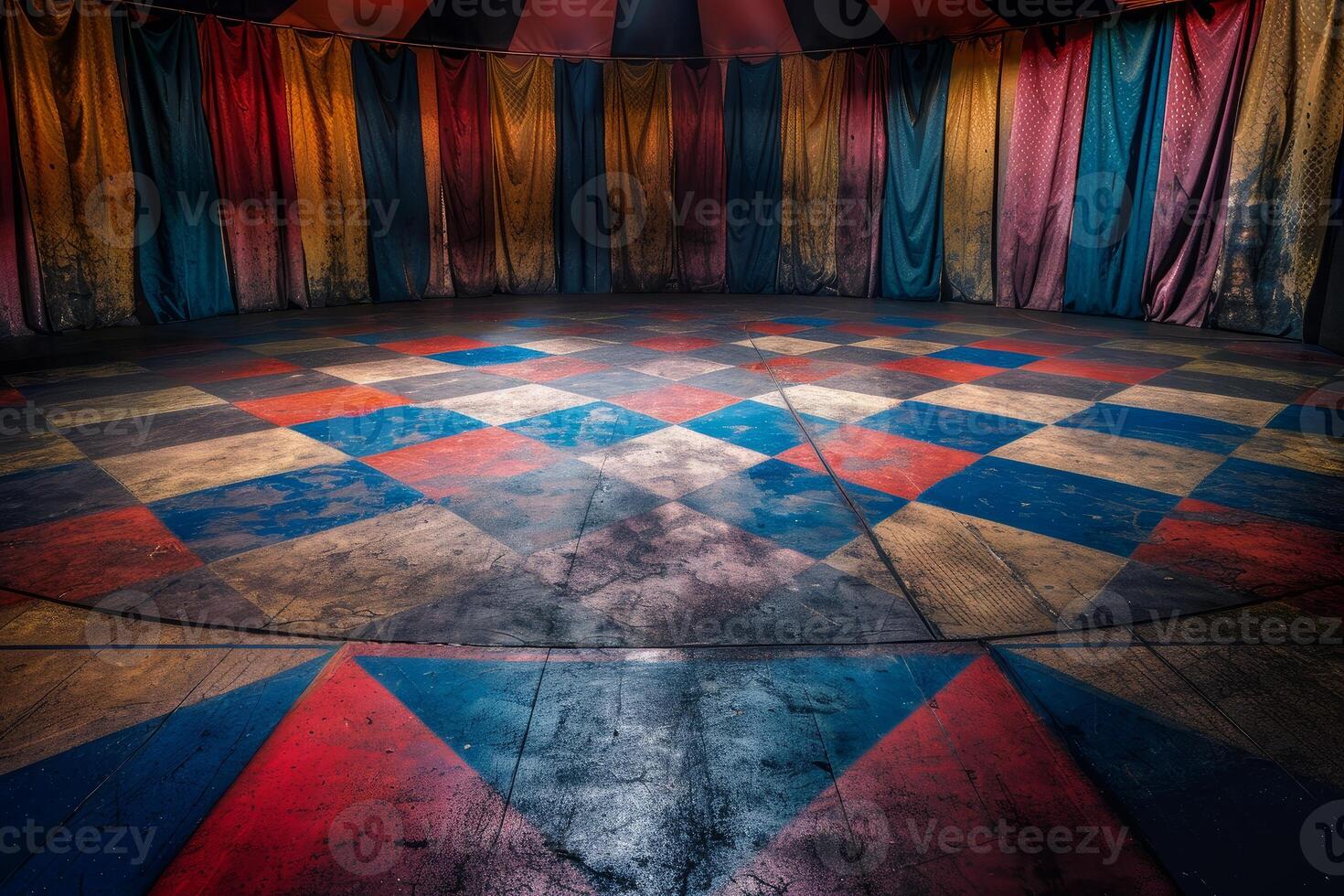 Empty circus tent with colorful curtains and checkered floor photo