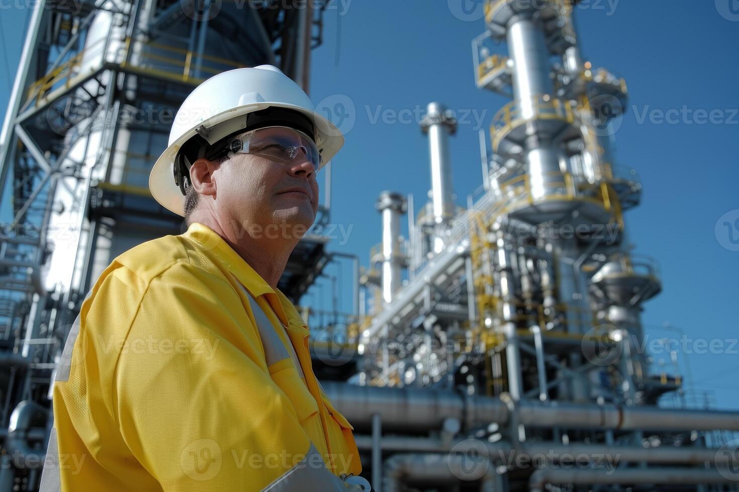 Petrochemical engineer inspecting refinery plant wearing hardhat and safety glasses photo