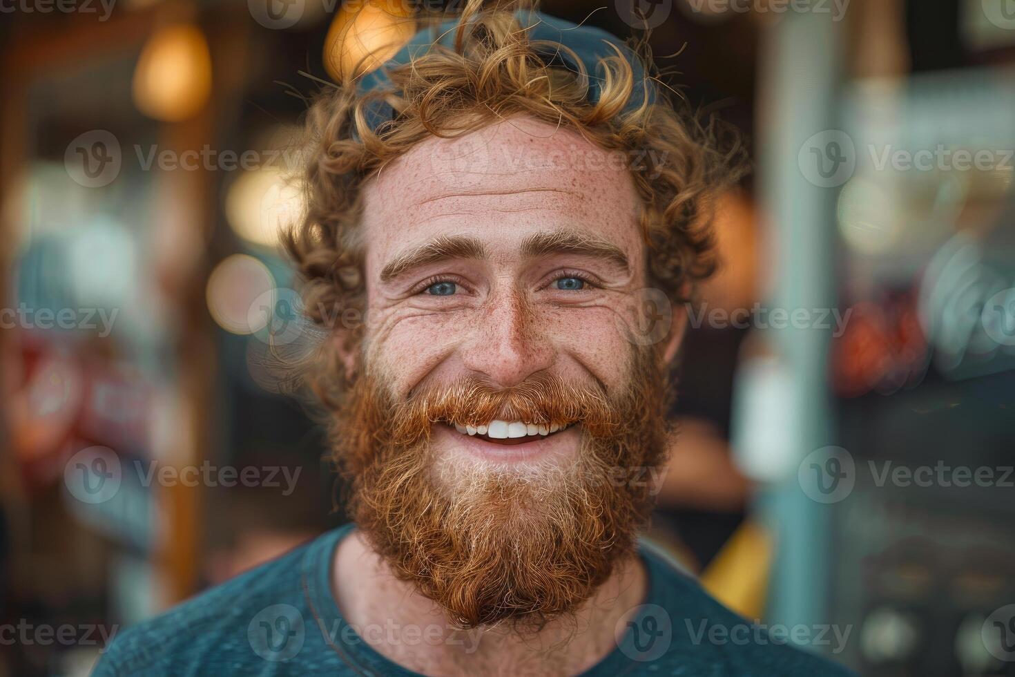 Portrait of smiling ginger freckled bearded man wearing a cap photo