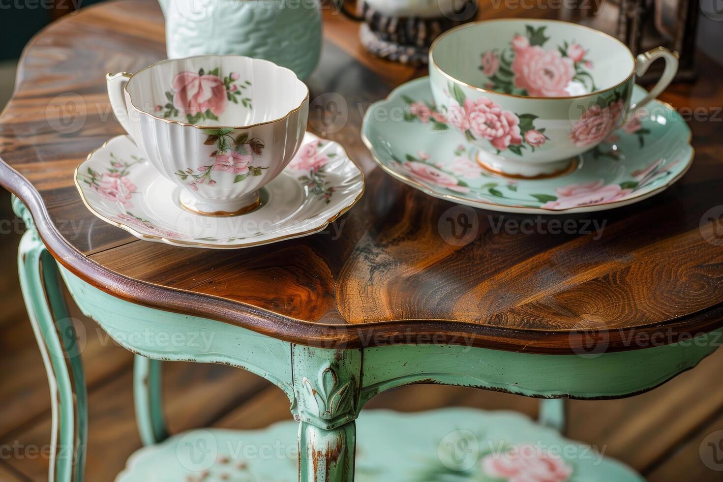 Elegant teacups resting on a vintage painted table photo