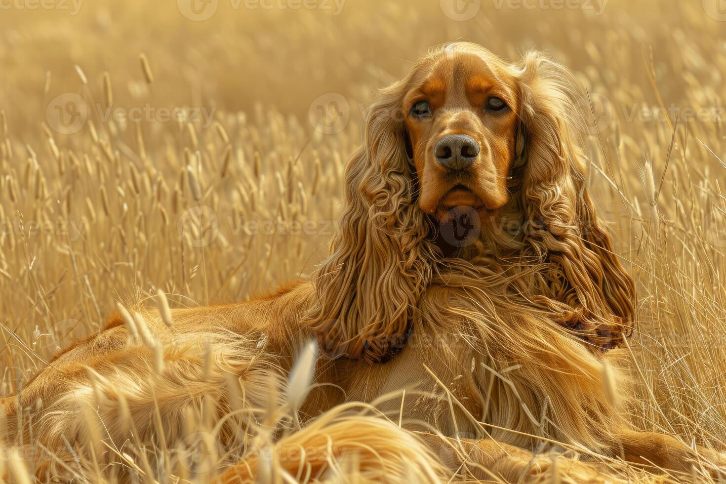 English cocker spaniel relaxing in golden meadow photo