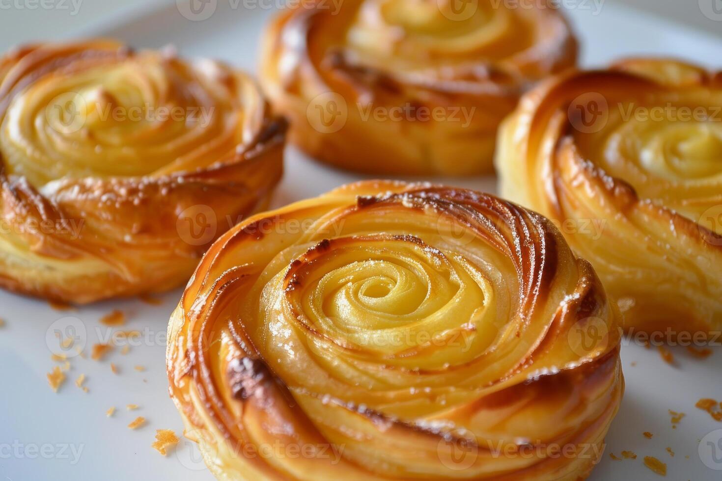 Delicious apple roses showing flaky pastry and icing sugar on white background photo