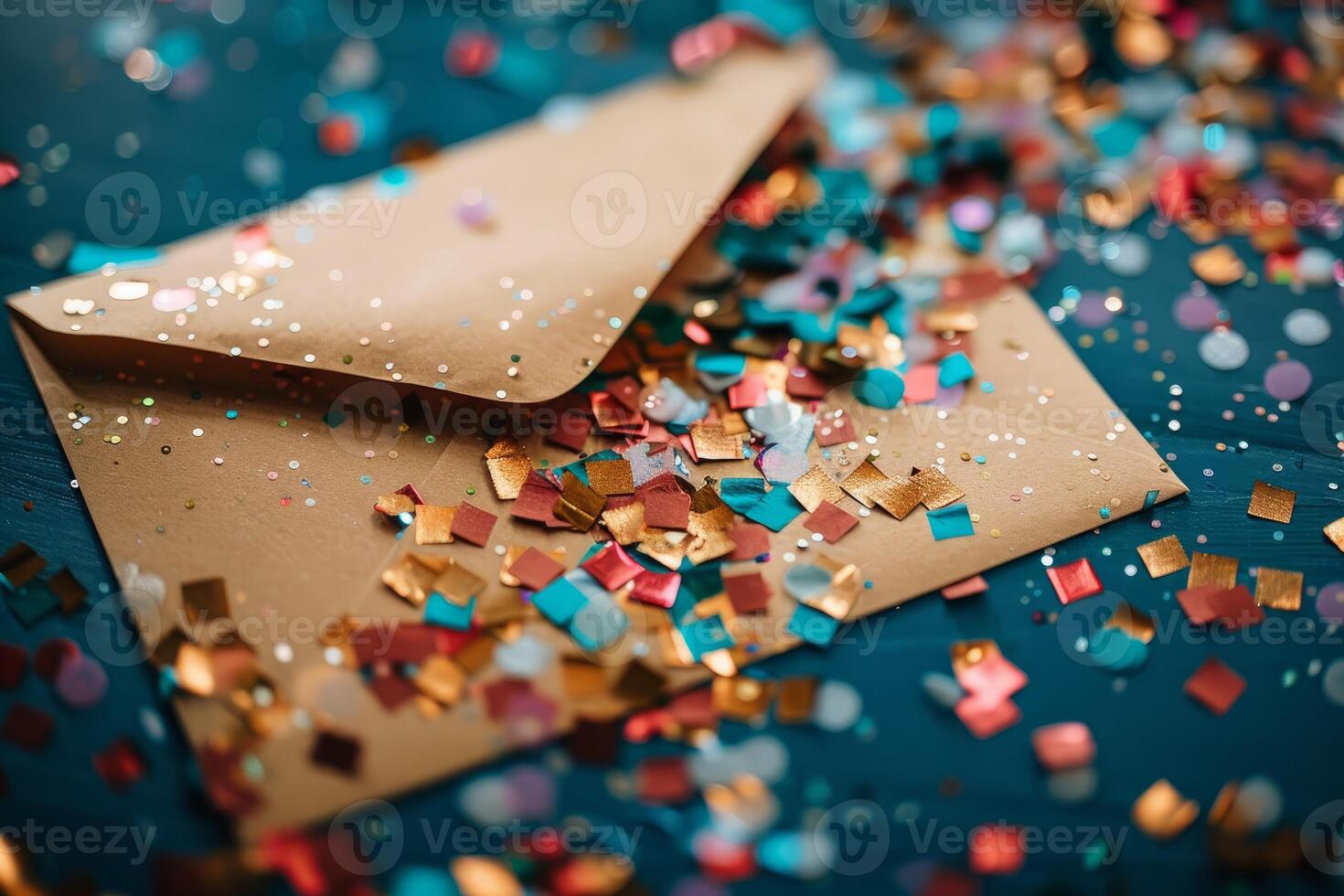 Open envelope overflowing with colorful confetti on blue background symbolizing celebration photo