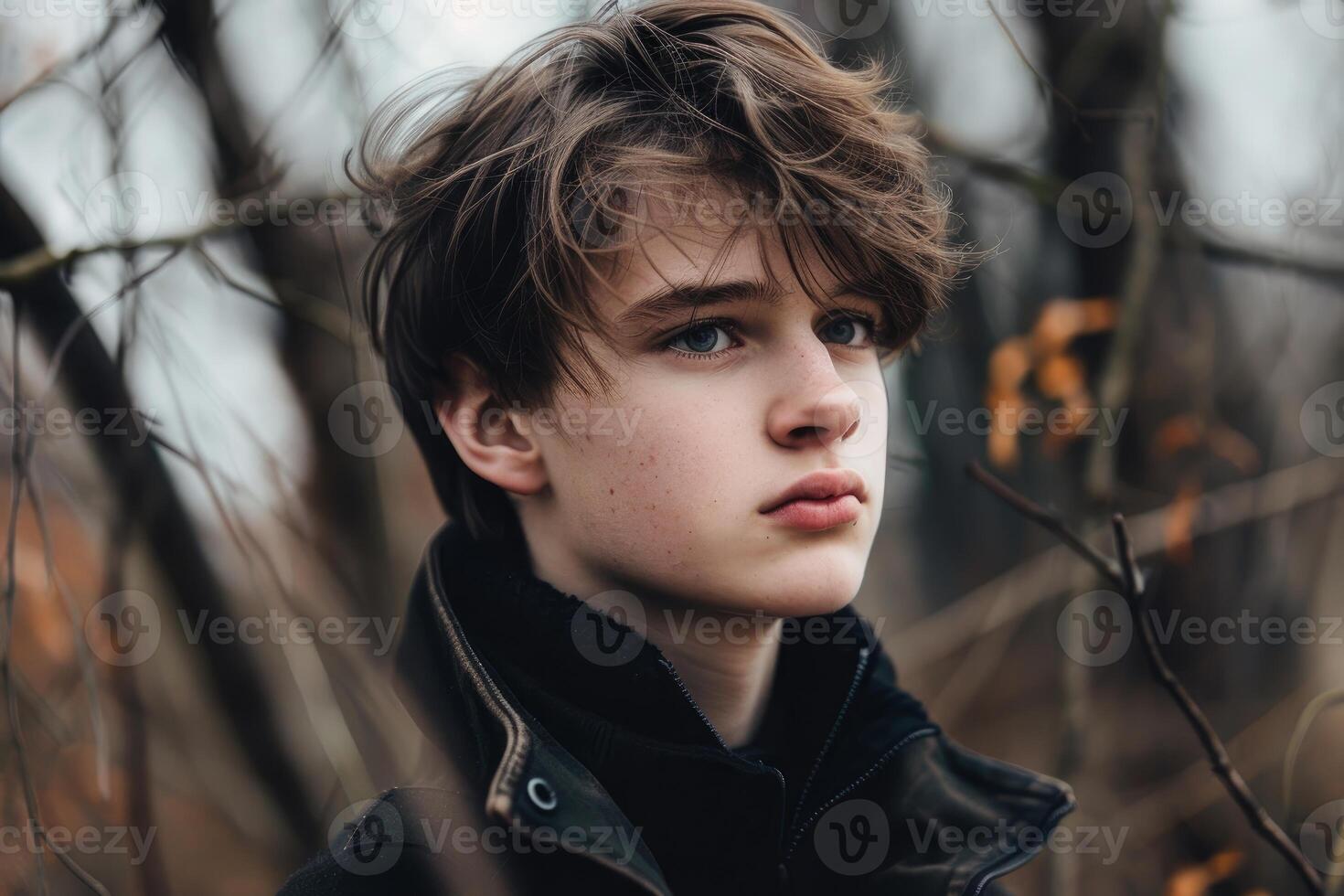 Teenager posing in bare branches of trees in winter forest photo