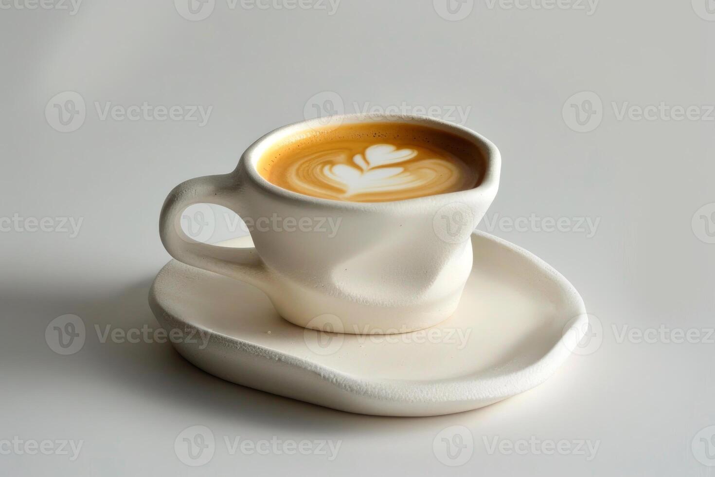 Distinctive white cup holding cappuccino with latte art on matching saucer photo