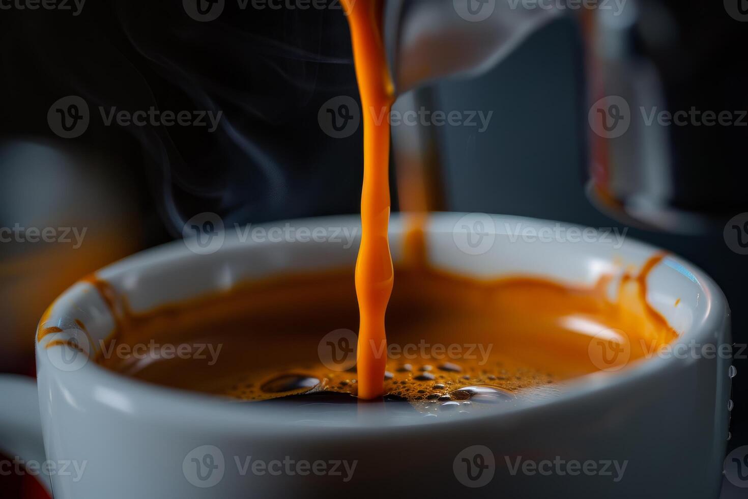 Coffee machine pouring espresso into white cup with crema and smoke photo