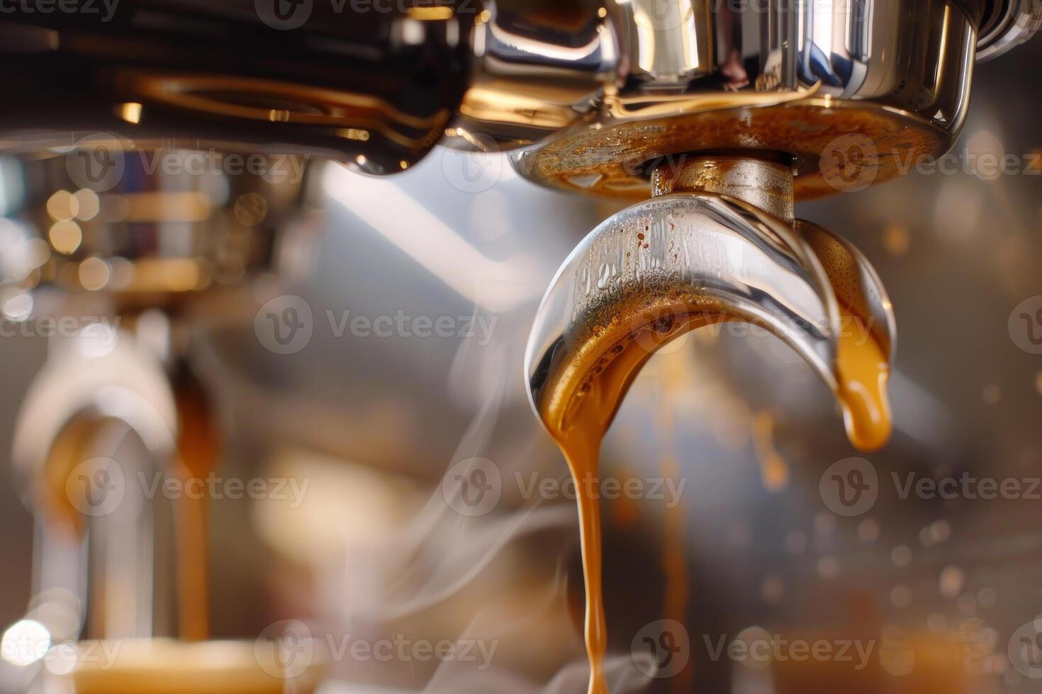 Coffee machine pouring espresso into cup with steam photo