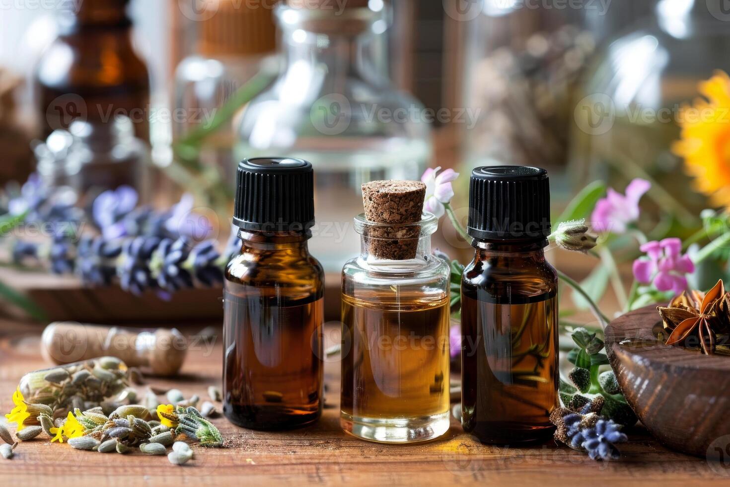 Bottles of essential oil and medicinal herbs creating aromatherapy remedies photo