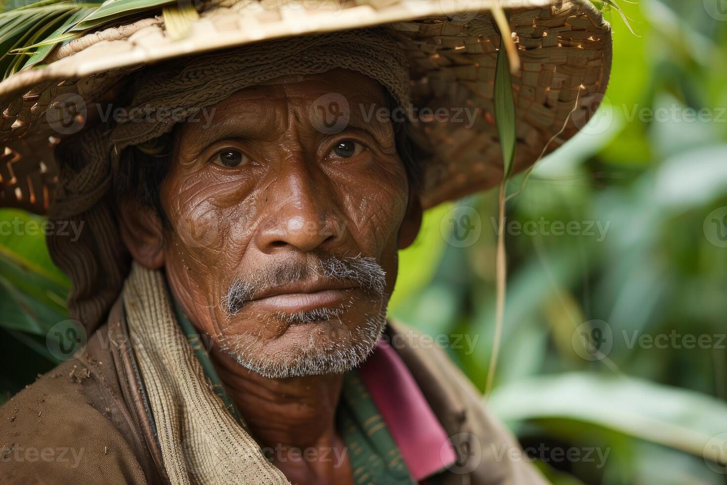 Portrait of asian farmer wearing traditional hat and working in lush green rice fields photo