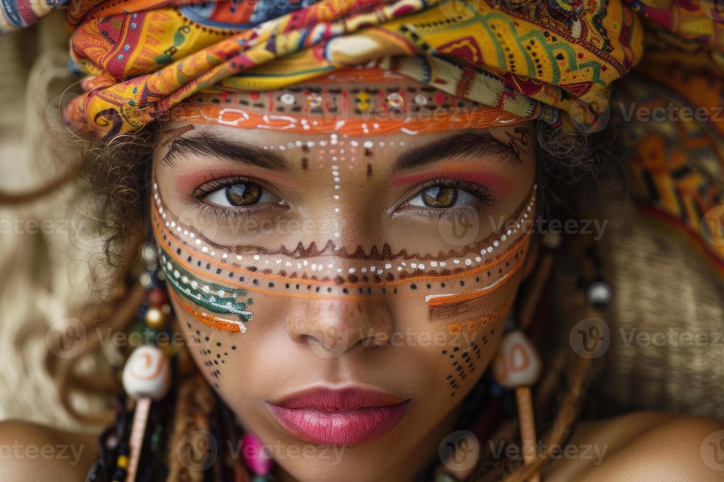 Indigenous model wearing colorful headscarf and face paint posing for a photoshoot photo