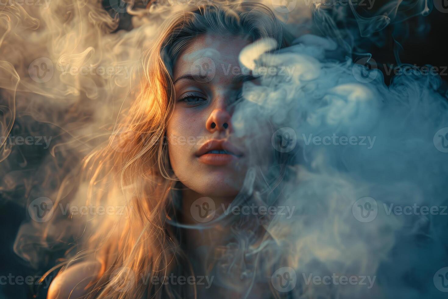 Young woman vaping and exhaling large clouds of smoke at sunset photo