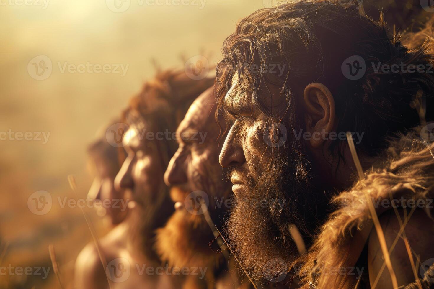 Four neanderthals looking into the distance during sunset photo