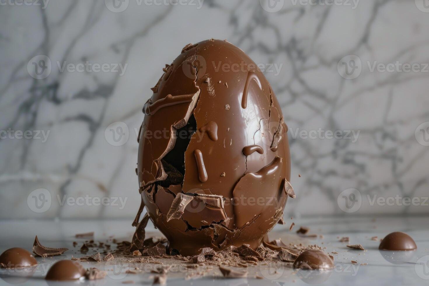 Broken chocolate easter egg with chocolate drizzle on marble background photo
