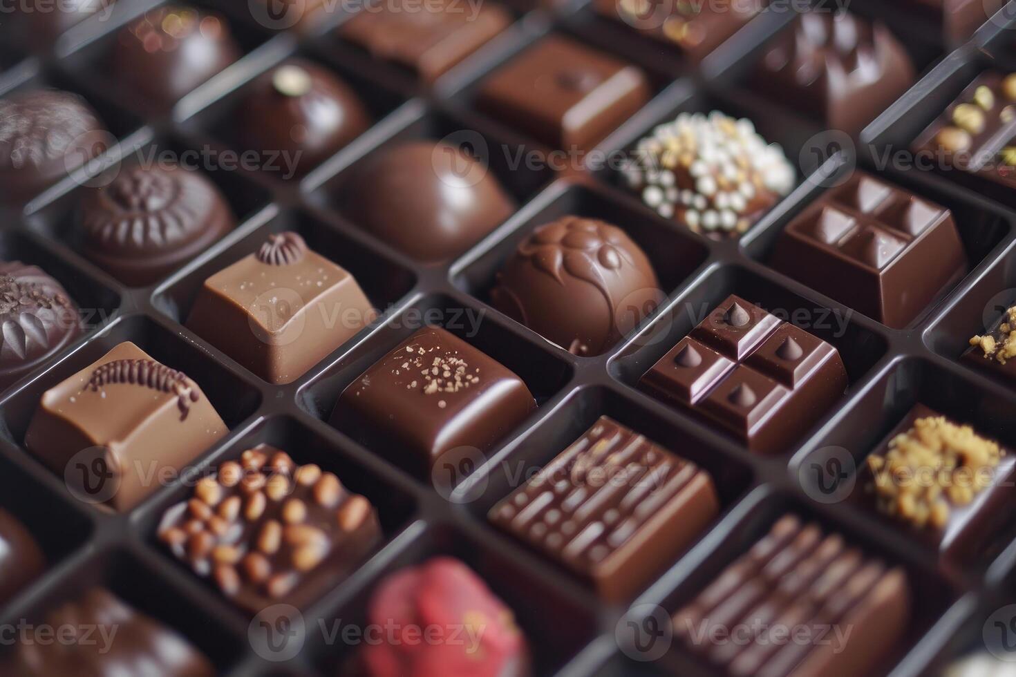 Box of assorted gourmet chocolates displaying delicious variety photo