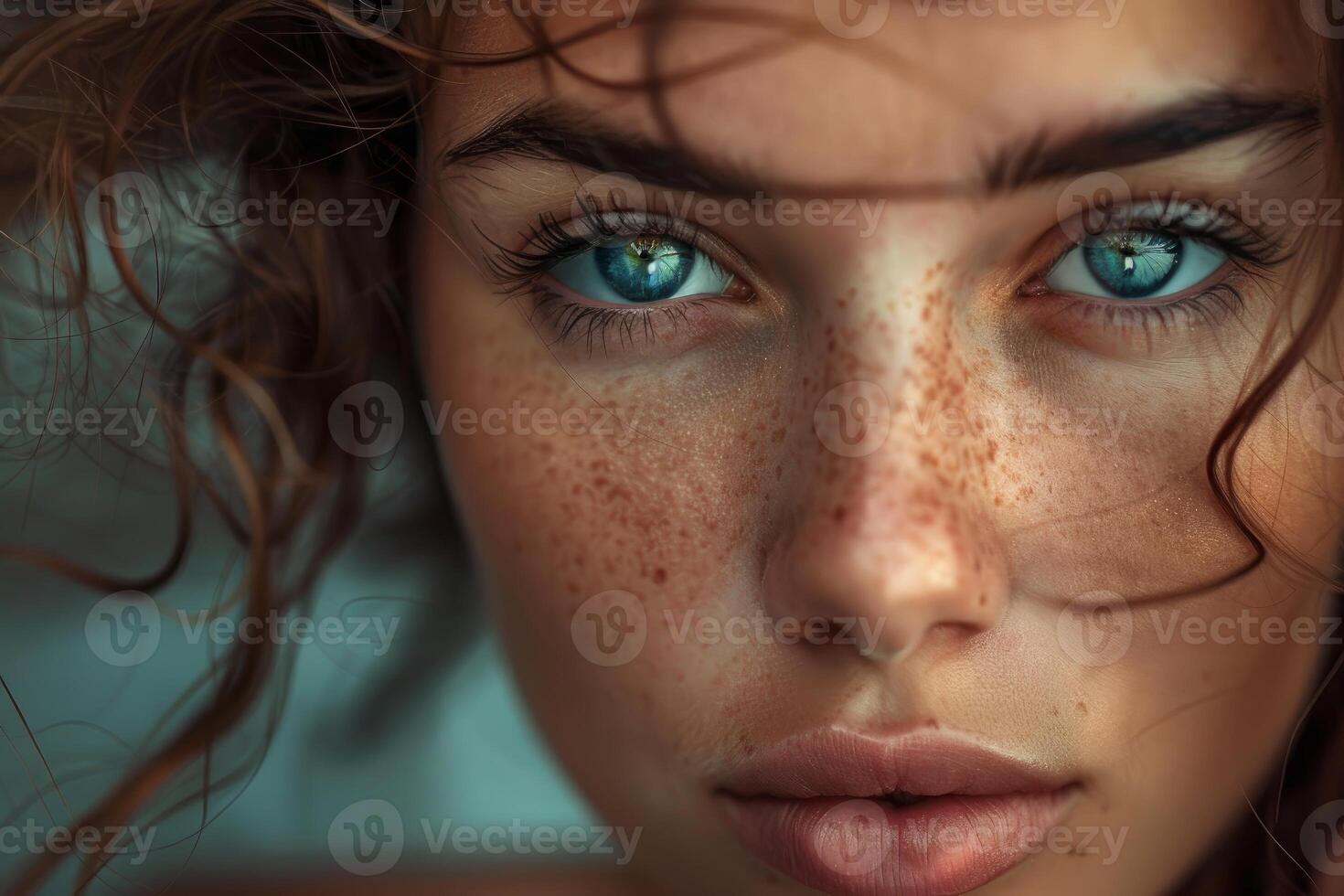 Portrait of freckled model showing stunning blue eyes and long eyelashes photo