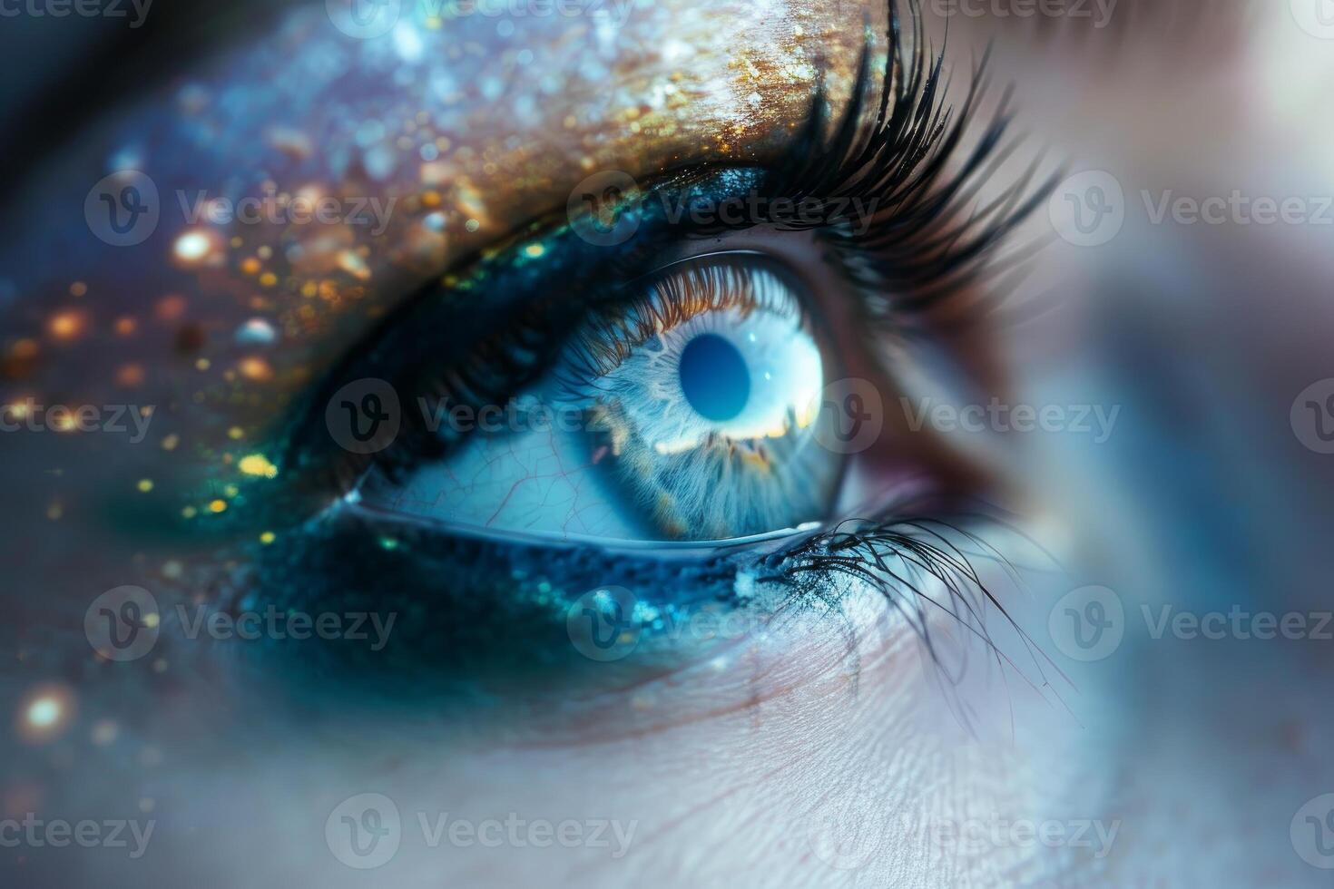 Woman eye reflecting galaxy with glittering makeup, macro close up photo