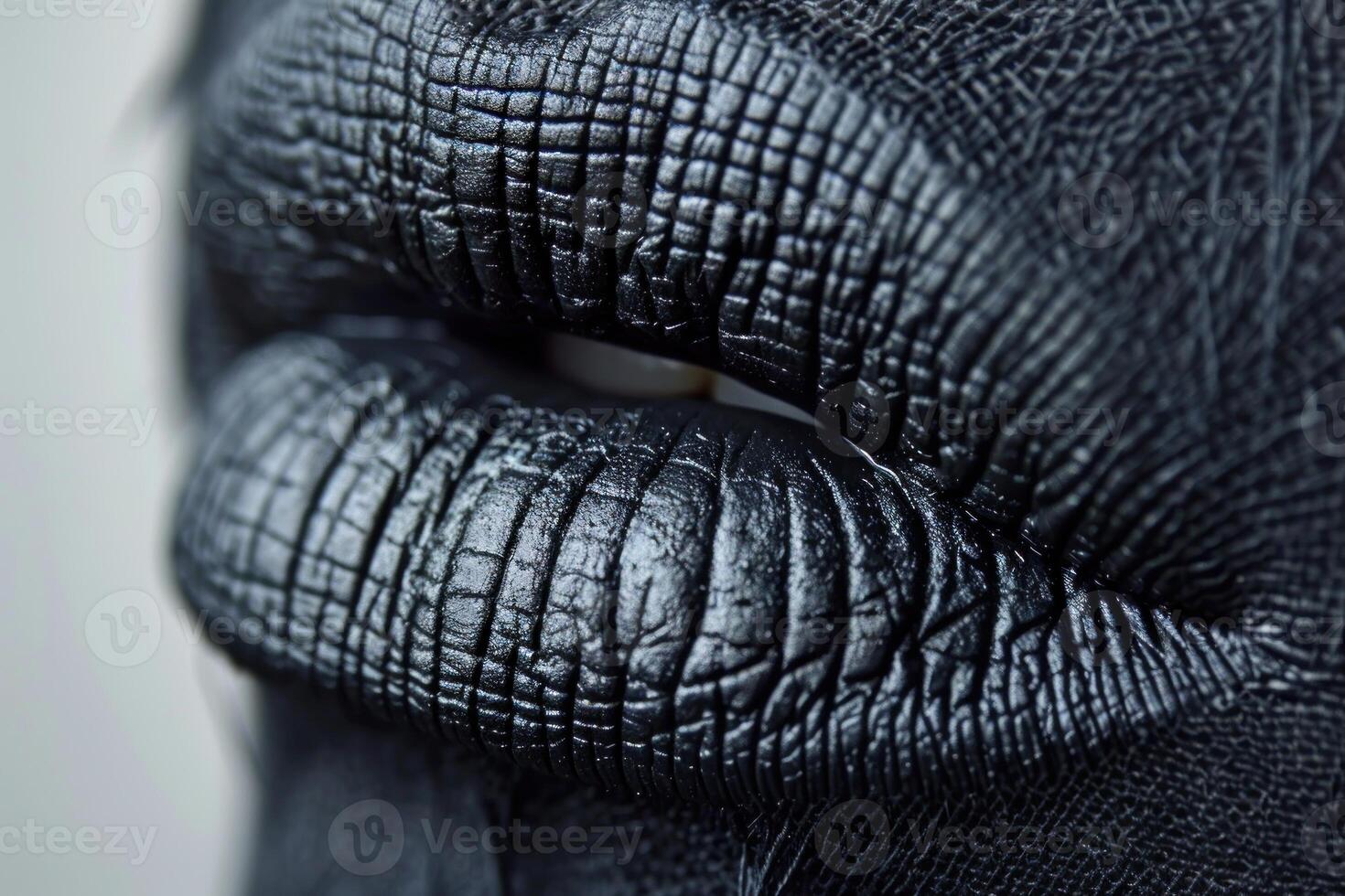 Black lipstick creating textured effect on lips, extreme close up photo
