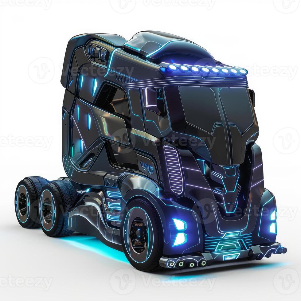 Black futuristic electric truck is standing on white background photo