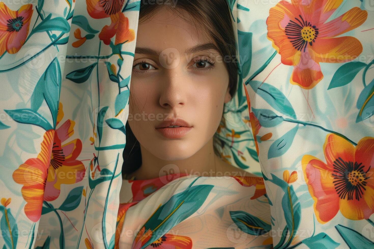 Fashion model posing with floral fabric, spring and summer vibes photo