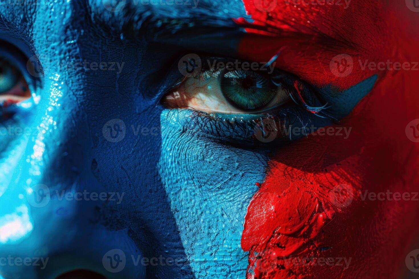 Woman with face paint showing colorful makeup and green eye photo