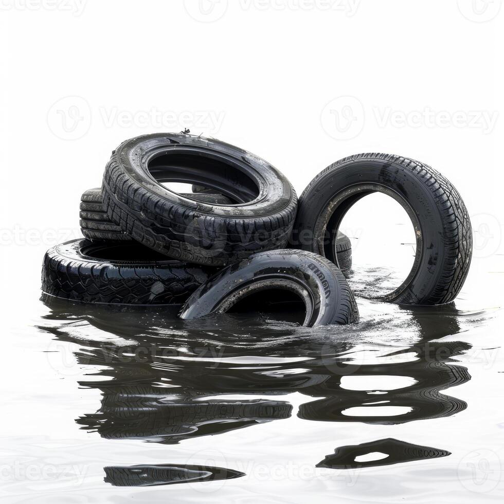 Old tires polluting a lake representing environmental problems photo
