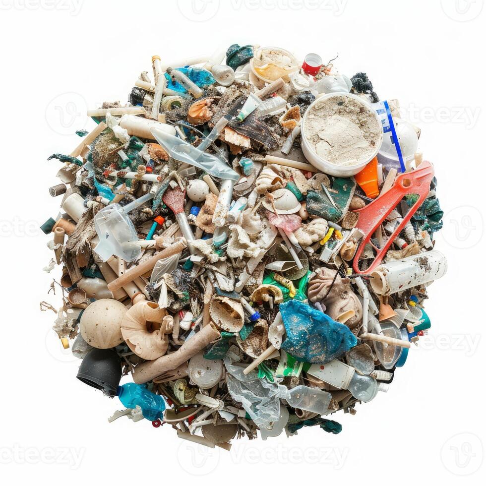 Circle of plastic garbage found on the beach showing pollution problem photo