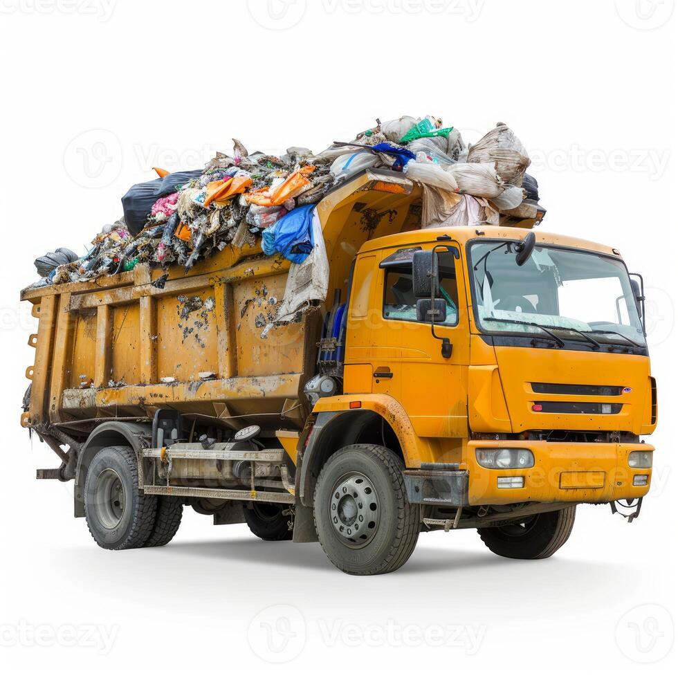 Garbage truck full of trash isolated on white background photo