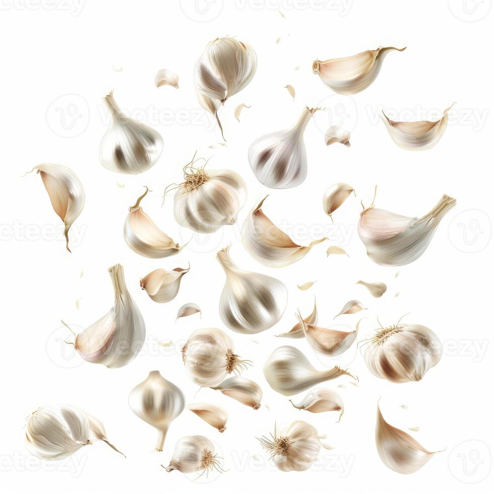 Garlic cloves and pieces flying on white background photo