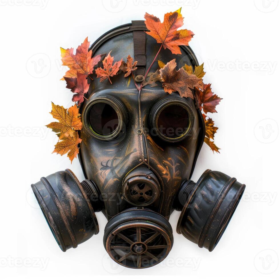 Vintage gas mask decorated with autumn leaves symbolizing fall season photo