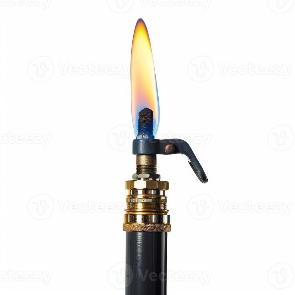 Gas burner burning with blue and yellow flame on white background photo