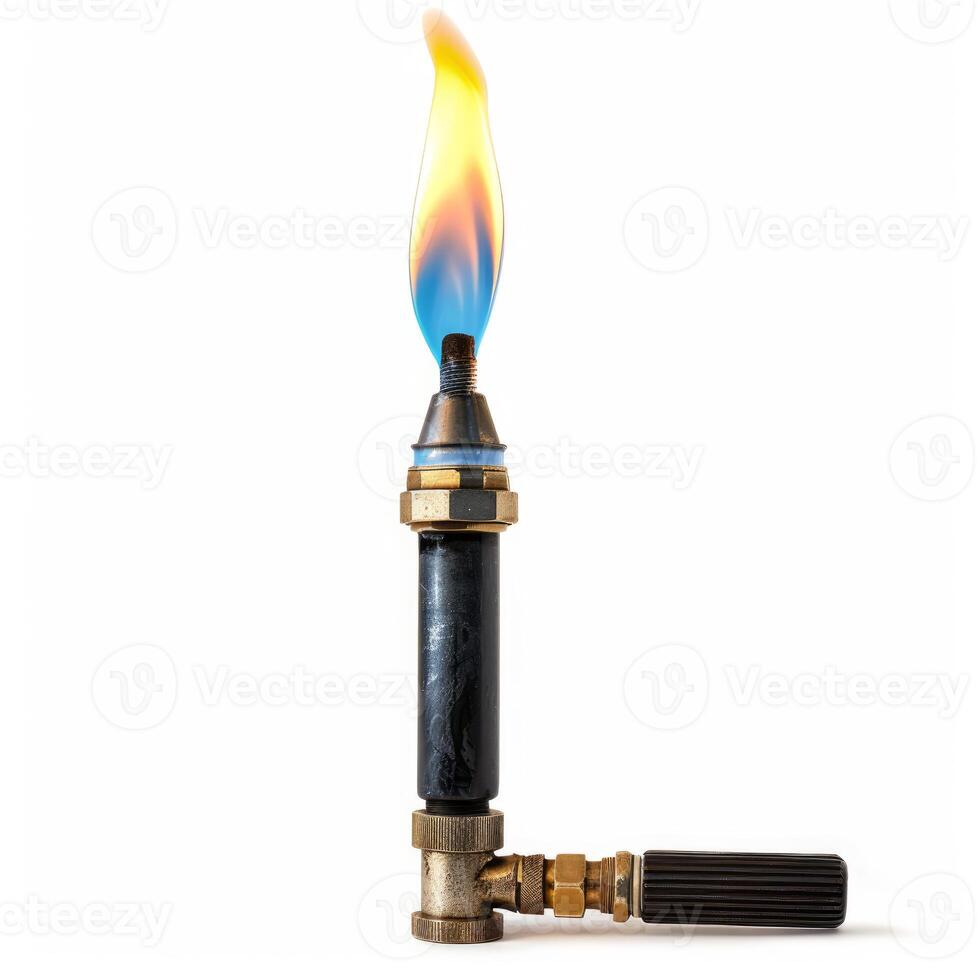 Bunsen burner burning with blue and yellow flame on white background photo