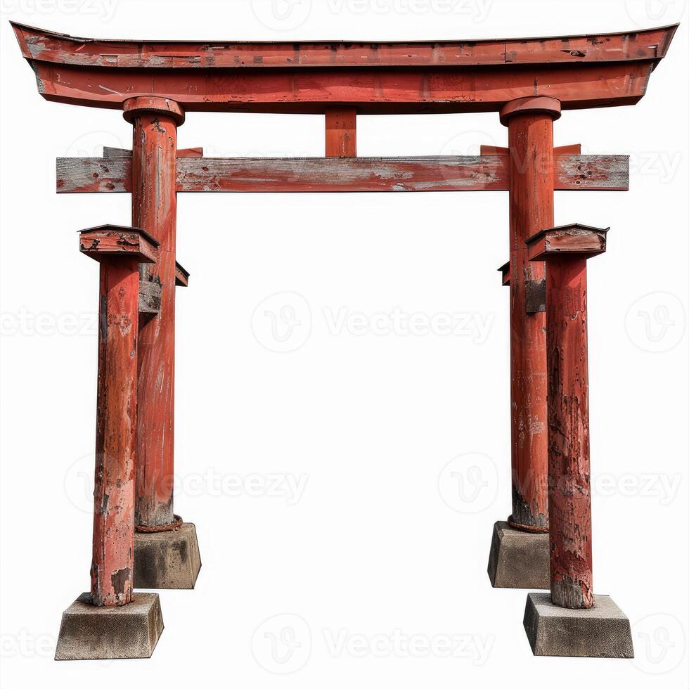 Old weathered red japanese torii gate standing on white background photo