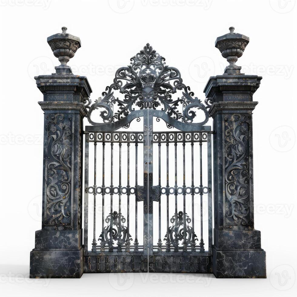 Ornate wrought iron gate standing in front of white background photo