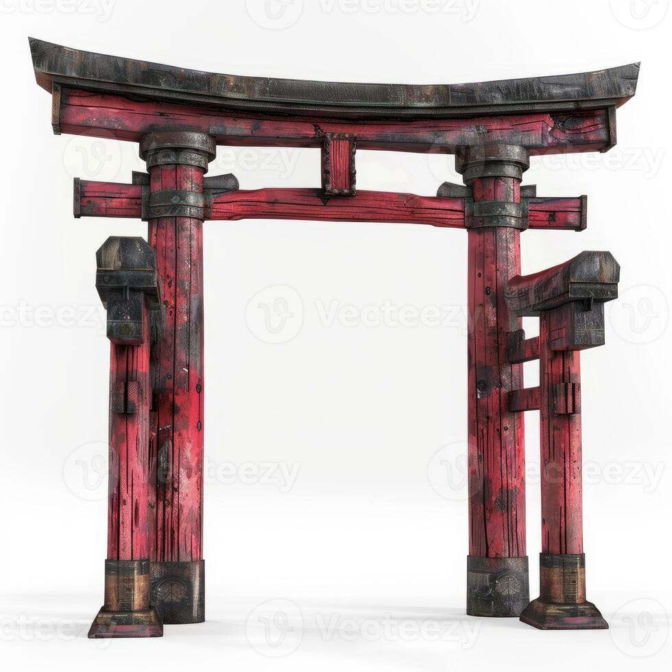 Old red weathered japanese torii gate standing on white background photo
