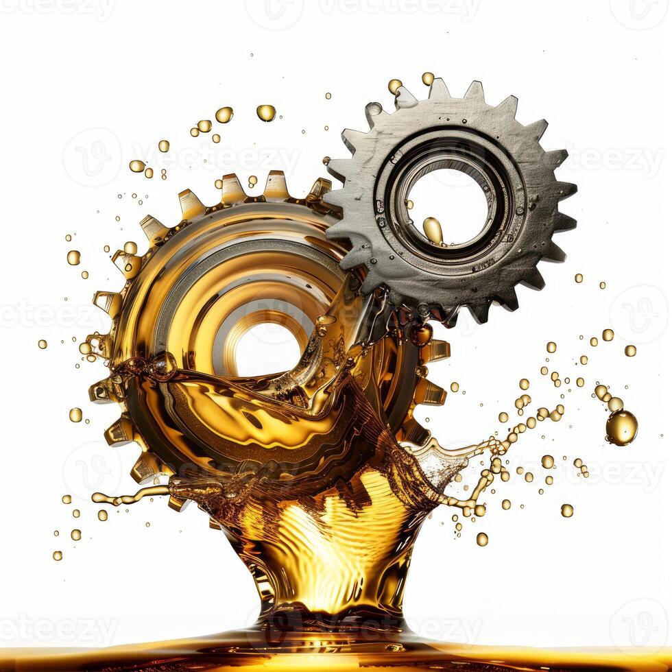 Gears rotating and splashing in golden oil on white background photo