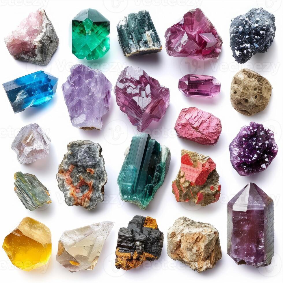 Twenty colorful uncut gemstones and minerals lying on a white surface photo