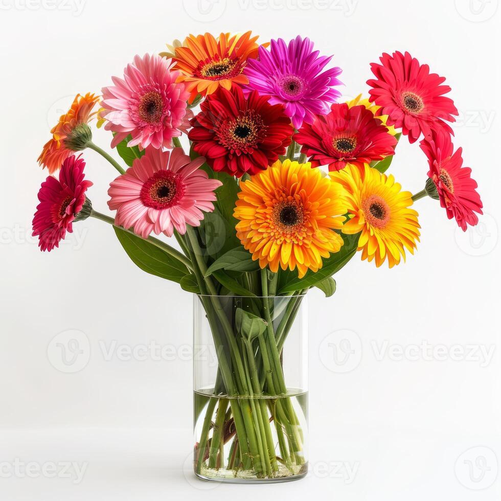 Colorful gerbera daisies bouquet standing in glass vase on white background photo
