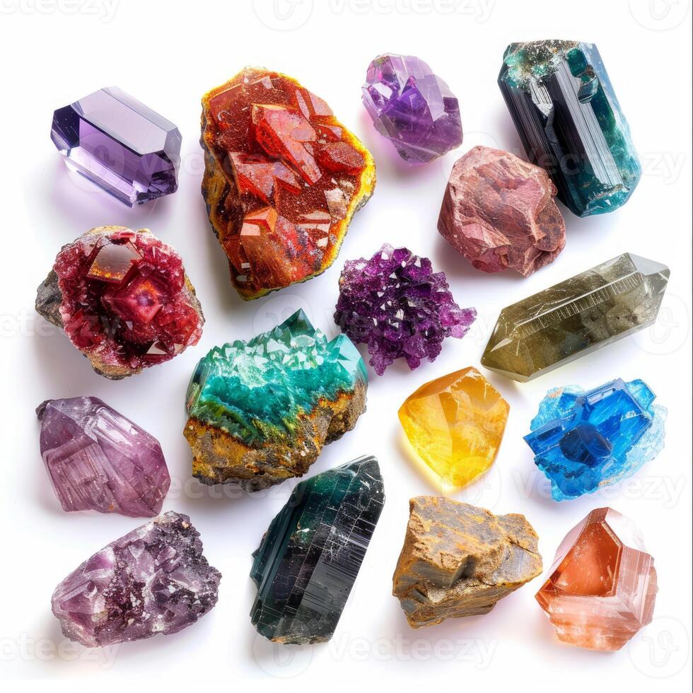 Colorful crystal collection displayed on white background photo