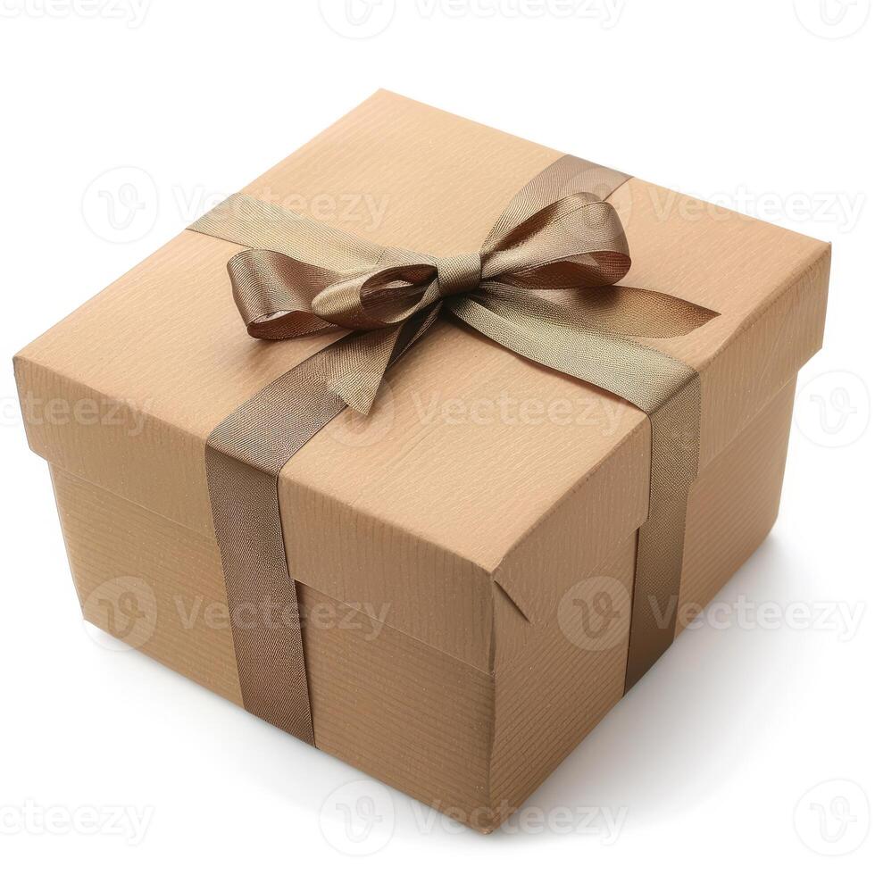 Elegant closed cardboard gift box with brown ribbon tied on top photo