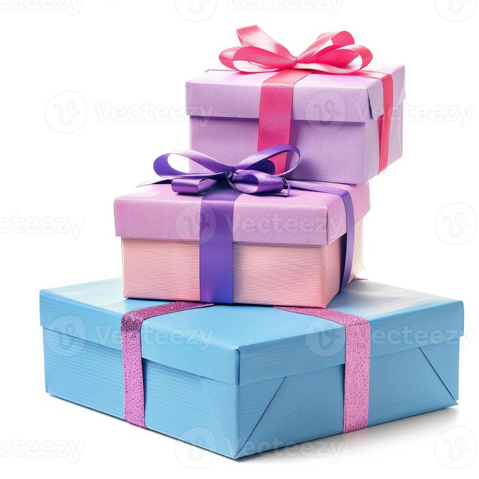 Stack of three gift boxes with colorful ribbons on white background photo