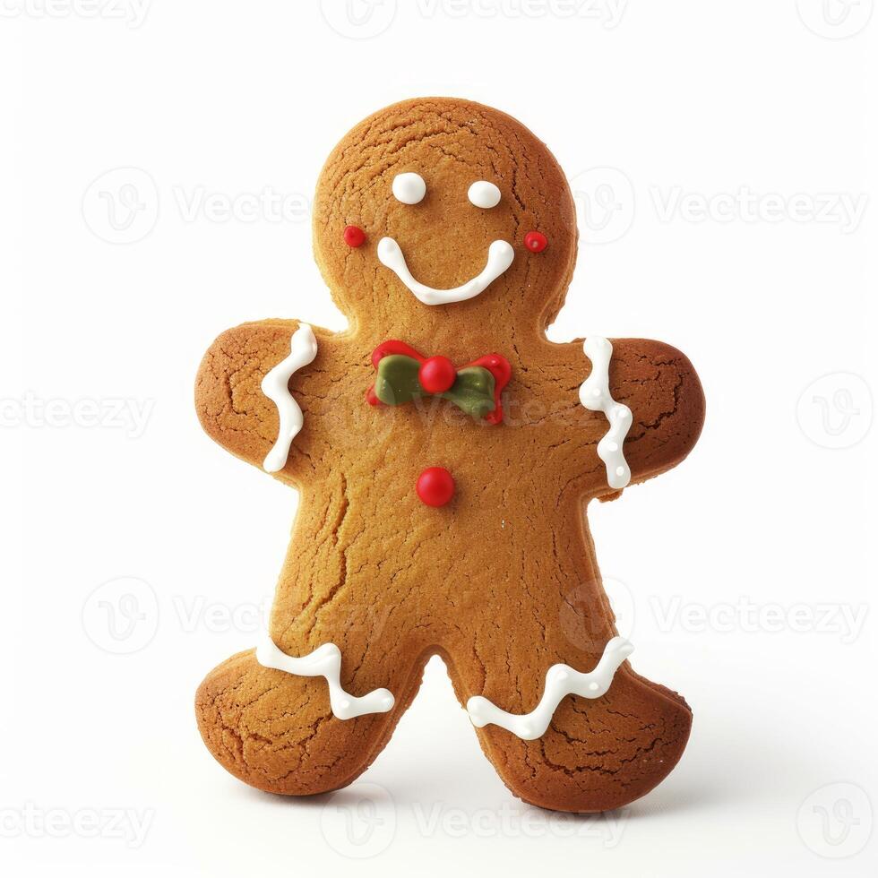 Smiling gingerbread man standing on white photo