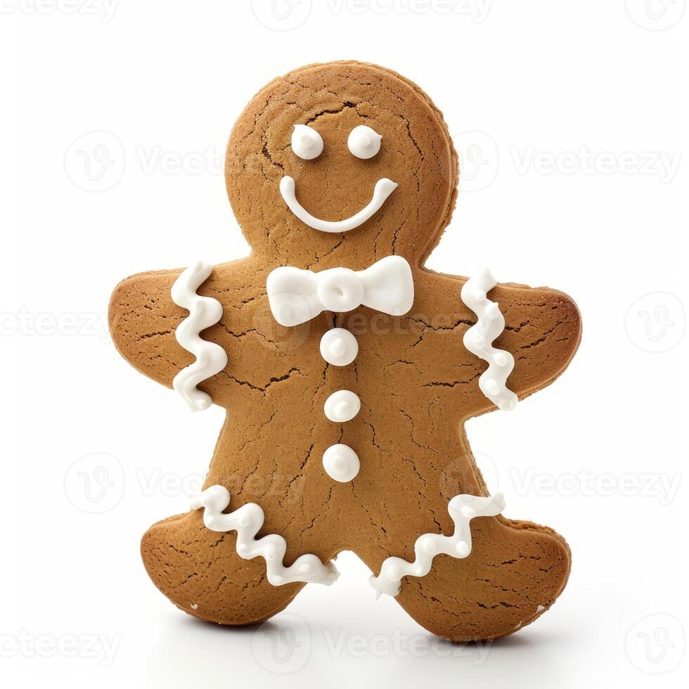 Gingerbread man smiling with icing decoration on white background photo