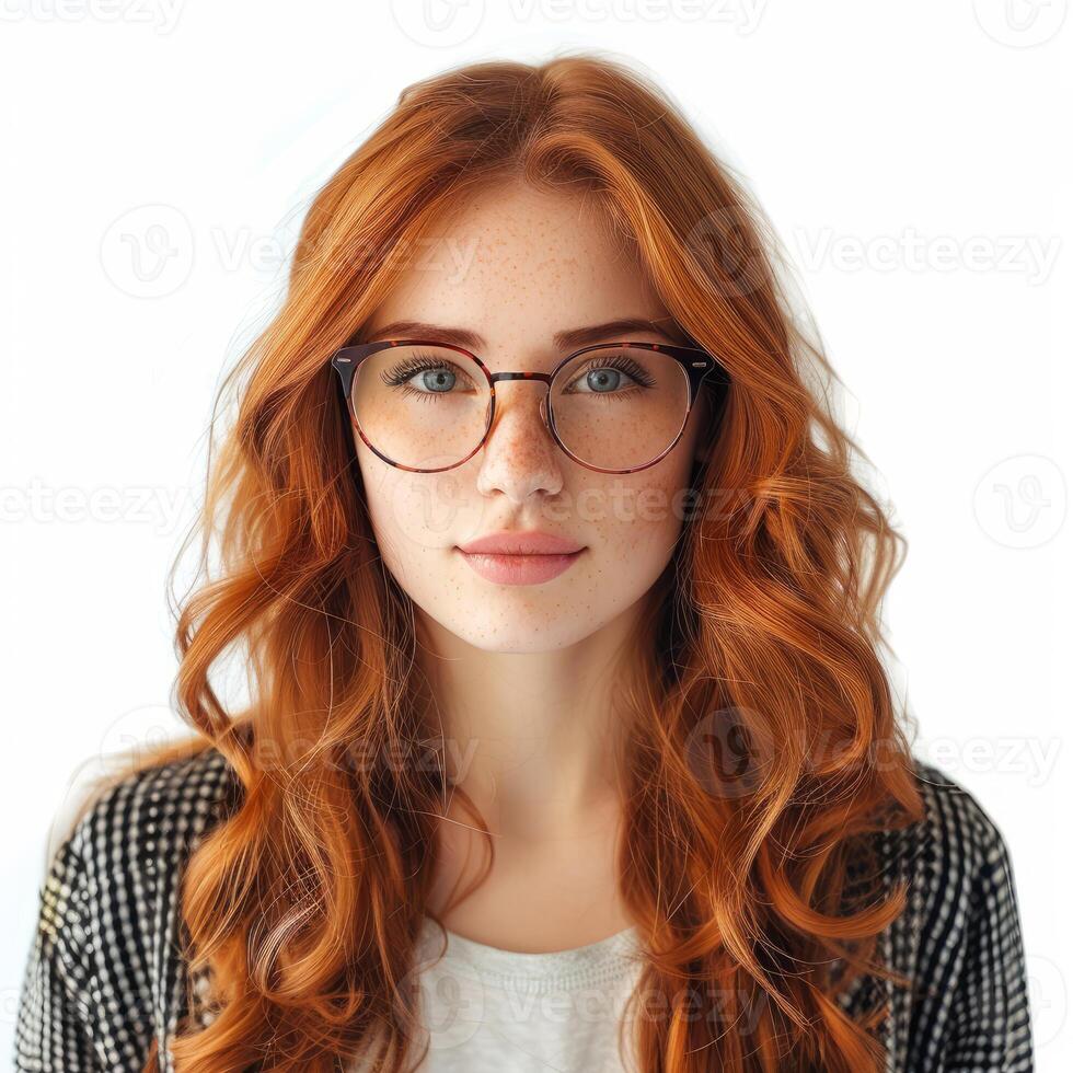 Beautiful redhead woman with freckles wearing glasses posing on white background photo