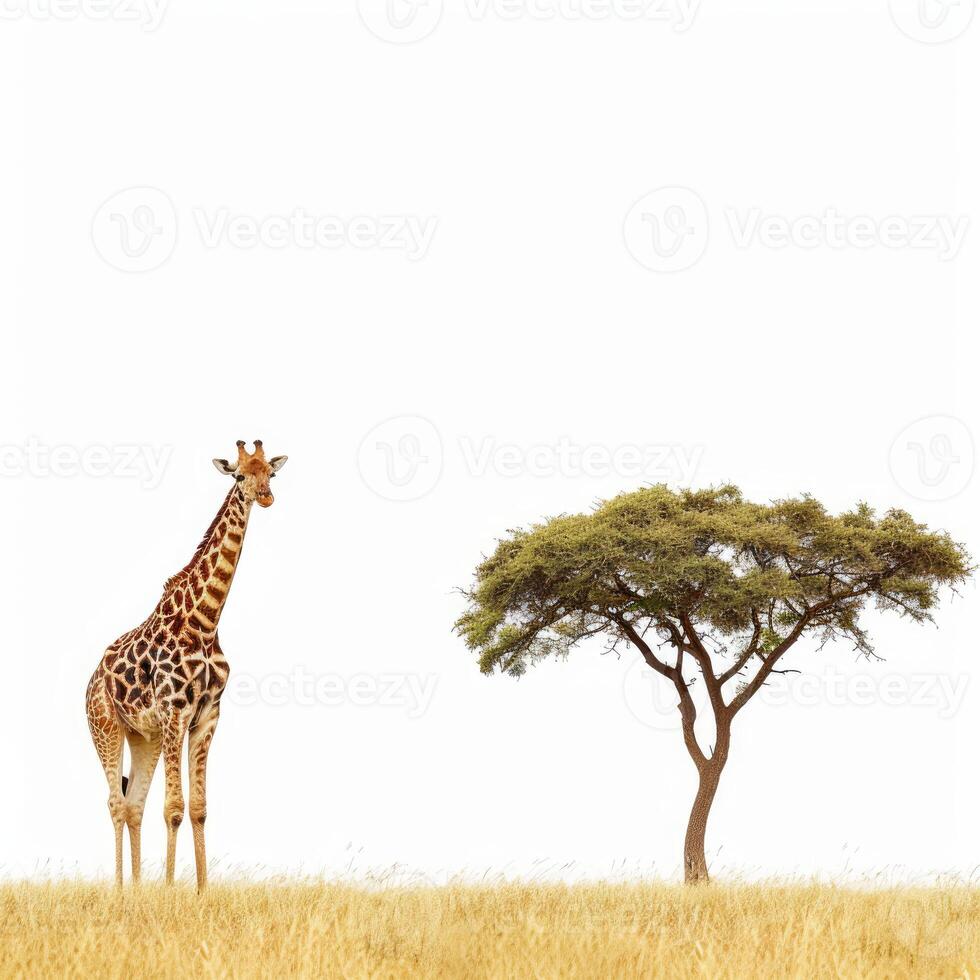 Lonely giraffe standing in savanna with acacia tree photo