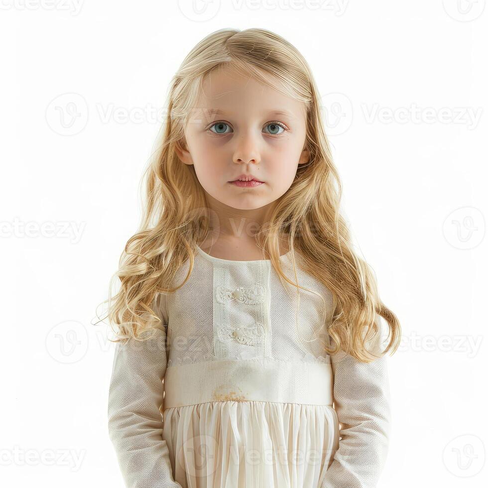 Young girl with long blonde hair is standing in a white dress looking serious photo