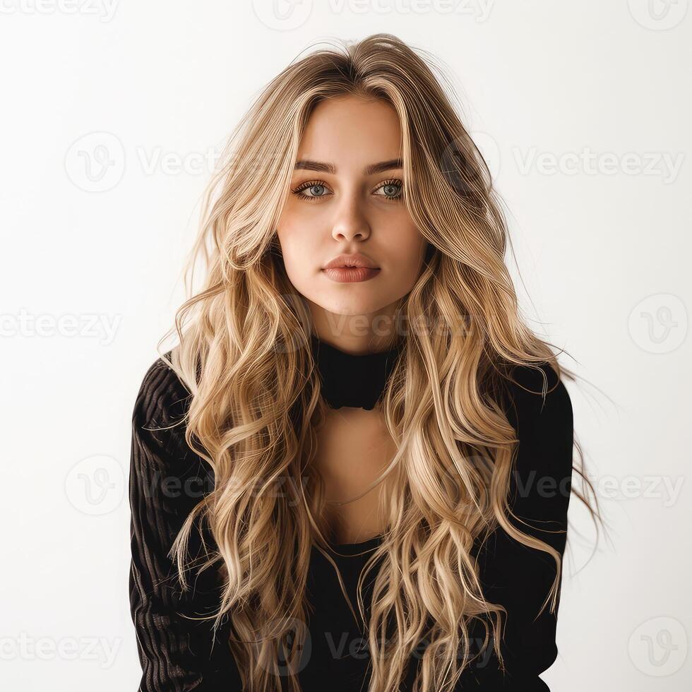 Attractive blonde woman with long healthy hair posing in studio photo