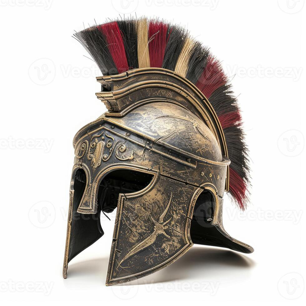 Ancient roman helmet with red plume standing on white background photo