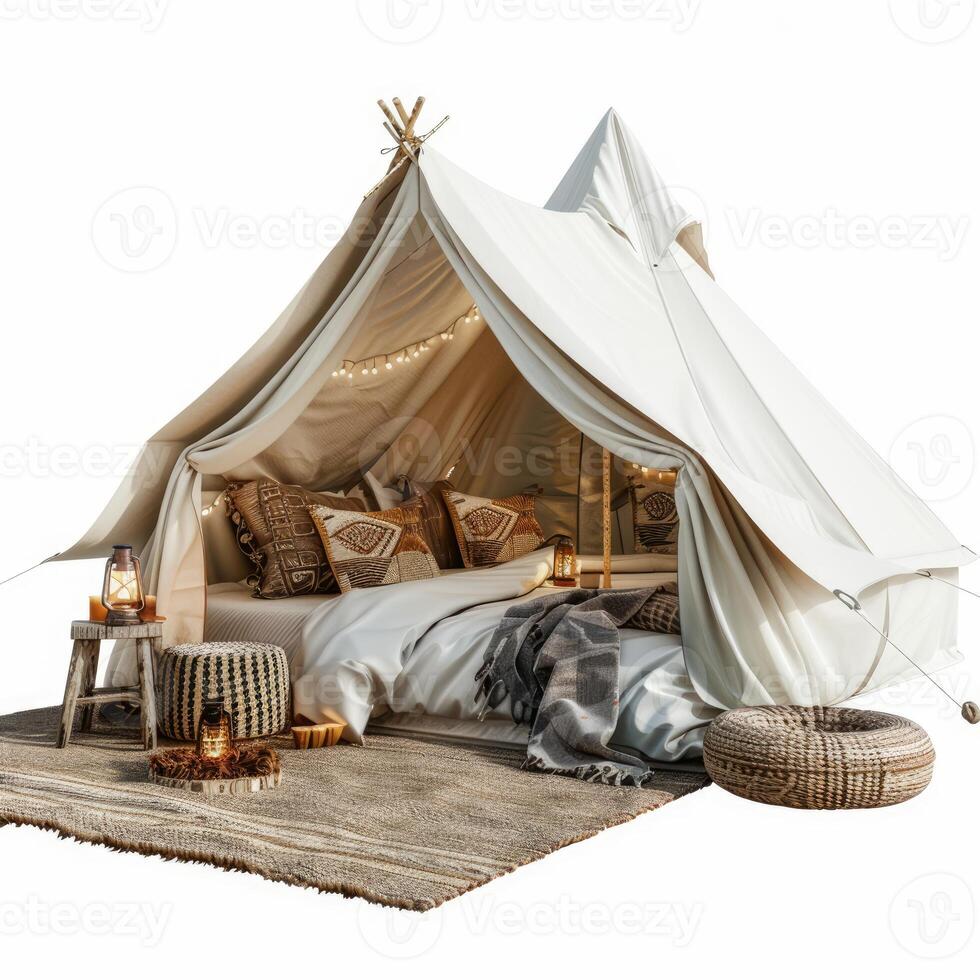 Cozy bell tent with ethnic decoration illuminated with string lights at sunset photo