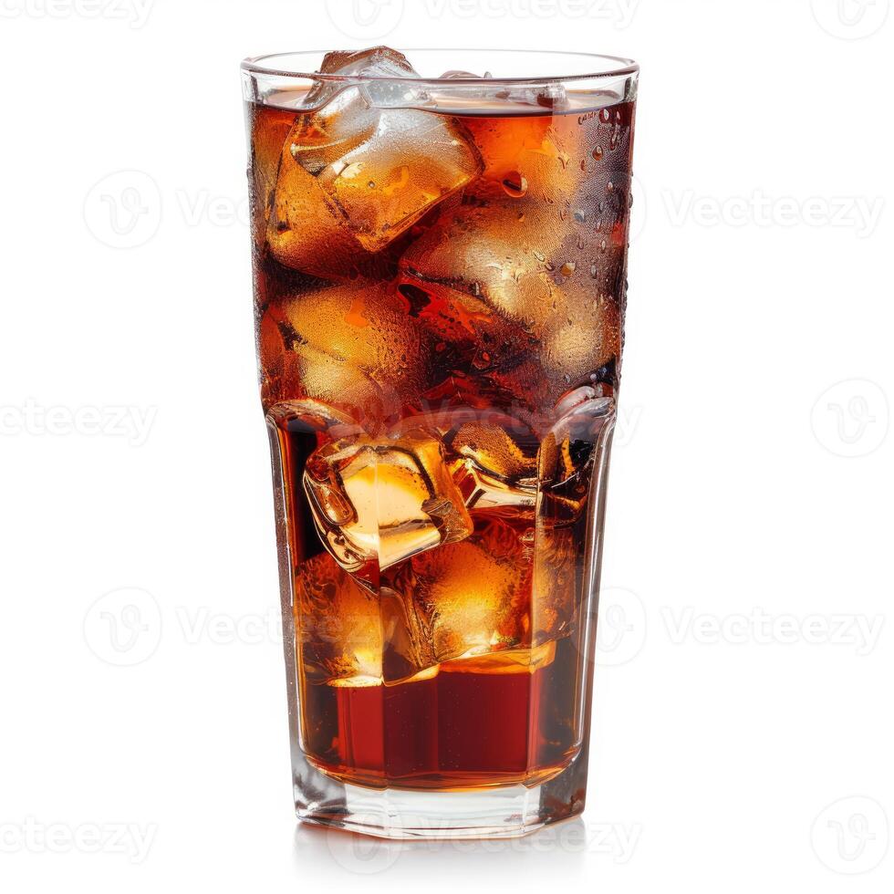Refreshing cola in a glass with ice cubes on white background photo